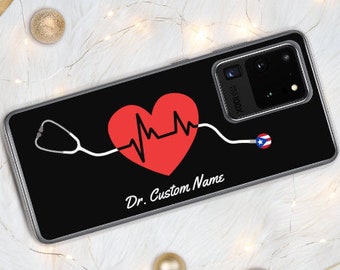 S10 - S22 Personalized Doctor name with Heartbeats and Stethoscope with Flag Case for Samsung Case, Gift for Doctor or Nurse, Custom Case