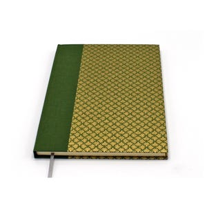 Puede incluir: Un cuaderno de tapa dura con un lomo de tela verde oscuro sólido y una cubierta frontal con un patrón repetitivo de abanicos en dorado y verde oscuro. Un fino marcapáginas de cinta gris sobresale del borde inferior del libro cerrado.