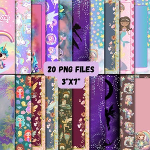 May include: Twenty digital scrapbook paper designs featuring unicorns, fairies, mermaids, stars, and rainbows. Each design is 7.6 cm by 17.8 cm and is in a pastel colour scheme.