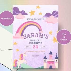 Unicorn Birthday Invitation, Princess, Printable, Template
