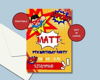 Superhero Birthday, Hero, Comic, Invite, Birthday Invitation, Template, Printable