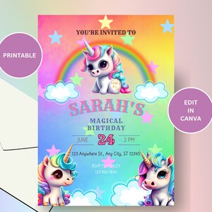 Unicorn Birthday Invitation, Rainbow, Printable, Template