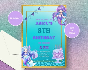 Mermaid Birthday Invitation 4, Printable, Template