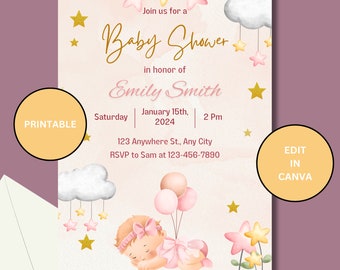 Baby Shower Invitation, Girl, Pink, Template