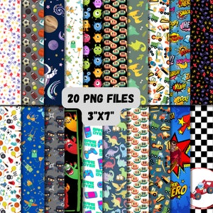 May include: Twenty digital paper designs in a variety of themes, including sports, space, monsters, video games, ninjas, dinosaurs, construction vehicles, and comic book characters. Each design is 7.6 cm by 17.8 cm.
