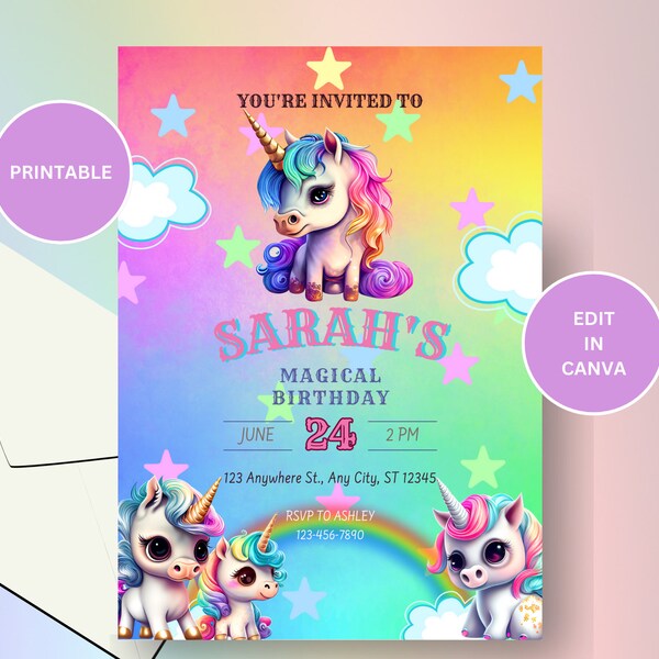 Unicorn verjaardagsuitnodiging, regenboog, afdrukbaar, Instant Download, bewerkbaar, sjabloon