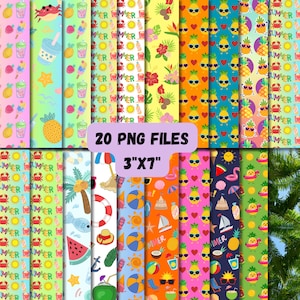 May include: Twenty digital paper designs featuring summer themes. The designs include pineapples, crabs, ice cream cones, watermelon, and other summery elements. Each design is 7.6 cm by 17.8 cm.