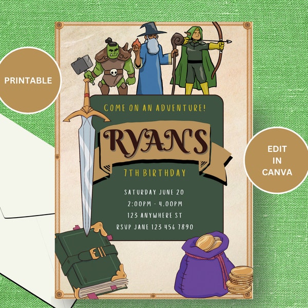 Adventure, RPG, Roleplaying Birthday Invitation, Template, Printable