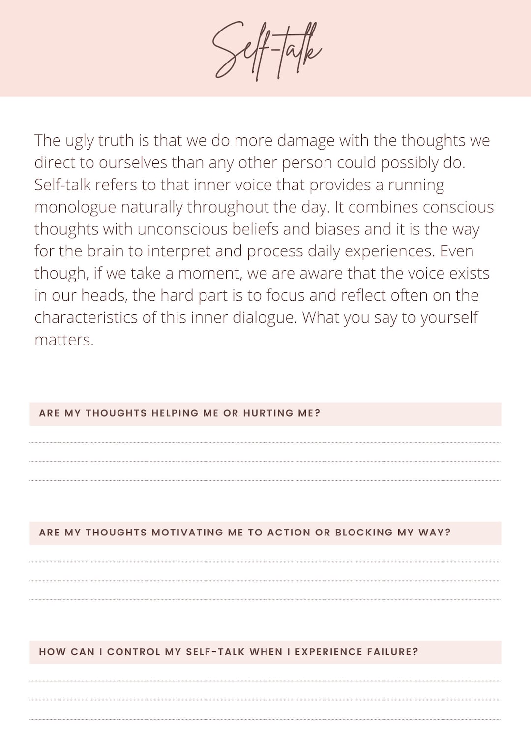 Selftalk Therapy Worksheet, Mental Health, Therapy Journal, Self Talk