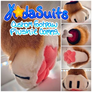 May include: Close-up of a custom footpaw plushie with brown fur, pink paw pads, and black claws. The plushie is made to order and is a great gift for any furry fan.