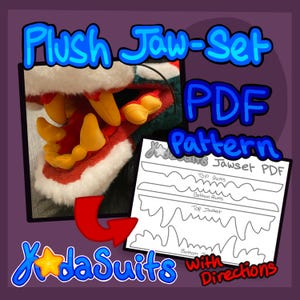 Puede incluir: Un patrón PDF digital para un conjunto de mandíbulas de peluche, con una mandíbula de peluche roja y blanca con dientes amarillos. El patrón incluye instrucciones para crear el conjunto de mandíbulas, con el texto "Jawset PDF" y "With Directions" visible.