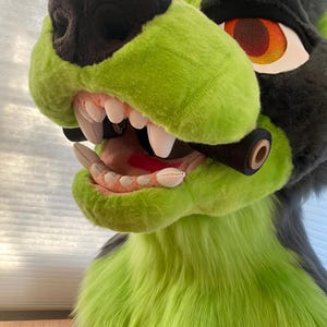 May include: A green and black furry animal head with a large open mouth showing sharp teeth. The head has a red eye with a black mesh pattern.