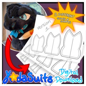 Può includere: Modello di download digitale per una testa di drago di fursuit. Il modello include tre diverse dimensioni: piccola, media e grande. Il modello è etichettato "Versione 1" e "daSuits".