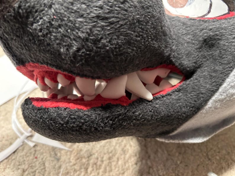 May include: Close-up of a black and gray furry muzzle with a red mouth and white teeth. The teeth are made of plastic and are attached to the mouth.