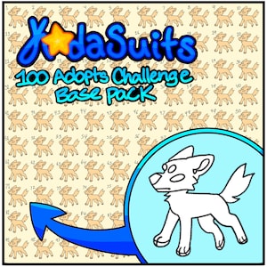 Puede incluir: Una ilustración digital de un paquete base de 100 adopciones. La imagen presenta una cuadrícula de 100 personajes de perros de dibujos animados, cada uno numerado. El texto "YodaSuits 100 Adopts Challenge Base Pack" se muestra en una pancarta azul y amarilla. Un solo perro de dibujos animados blanco se destaca en un círculo azul.