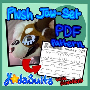 Peut inclure: Un patron PDF pour un ensemble de mâchoires en peluche, avec le texte "Plush Jaw-Set PDF Pattern". L'image montre une tête en fourrure marron et blanche, et un schéma de l'ensemble de mâchoires.