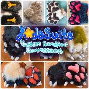 May include: A collage of images showcasing custom handpaws for sale. The images feature various colors and styles of handpaws, including black, white, brown, green, and pink. The text "YodaSuits Custom Handpaw Commissions" is displayed in the center of the collage.