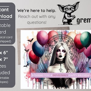 Colorful Goth Devil Woman Birthday Printable Card | Printable Gothic Woman 4x6 & 5x7 Cards with Envelopes | Download Devilish Birthday Card