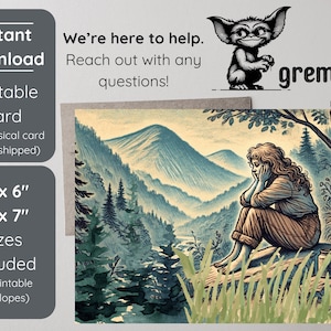 Self Reflection Thinking Printable Card | Printable Woman Reflecting in Nature 4x6 & 5x7 Cards w. Envelopes | Introspection and Deep Thought