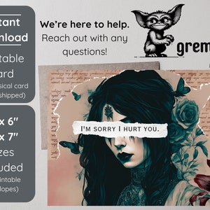 Gothic Apology Printable Card | Gothic I'm Sorry 4x6 & 5x7 Cards w. Envelopes | Apologies and Remorse Printable Card | Sincere Apology Card