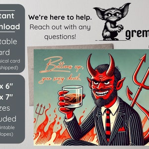 Bottoms Up Celebrate Printable Card | Download Devil Drinking 4x6 & 5x7 Cards with Envelopes | Funny Devil Card | Birthday and Celebration