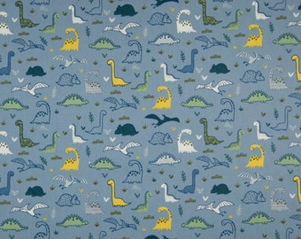 Katoenen stof Dino's dusty blue - 100% katoen poplin print, quilten, patchwork, kleding, woondecoratie, DIY