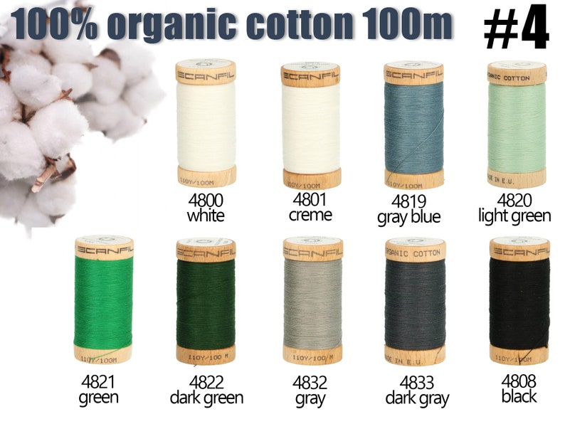 K&ouml;nnte beinhalten: Zehn Garnrollen aus 100% Bio-Baumwolle von Scanfil mit jeweils 100m L&auml;nge in verschiedenen Farben wie Wei&szlig;, Creme, Graublau, Hellgr&uuml;n, Gr&uuml;n, Dunkelgr&uuml;n, Grau, Dunkelgrau und Schwarz, erg&auml;nzt durch Baumwollbl&uuml;ten in der Ecke.