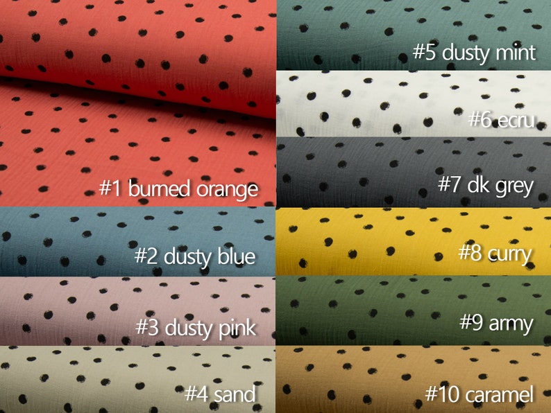 Puede incluir: Diez muestras de tela con lunares negros sobre fondos de diferentes colores. Los colores son: naranja quemado, azul polvoriento, rosa polvoriento, arena, menta polvorienta, crudo, gris oscuro, curry, ej&eacute;rcito y caramelo.