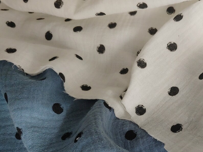 Puede incluir: Dos piezas de tela con lunares negros. Una pieza es blanca y la otra es azul.