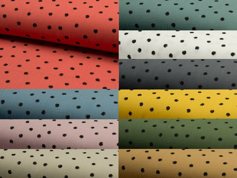 Puede incluir: Una colecci&oacute;n de diez muestras de tela con un patr&oacute;n de lunares negros sobre fondos de colores diferentes. Los colores incluyen coral, azul verdoso, blanco, gris, amarillo, verde, rosa, beige y mostaza.