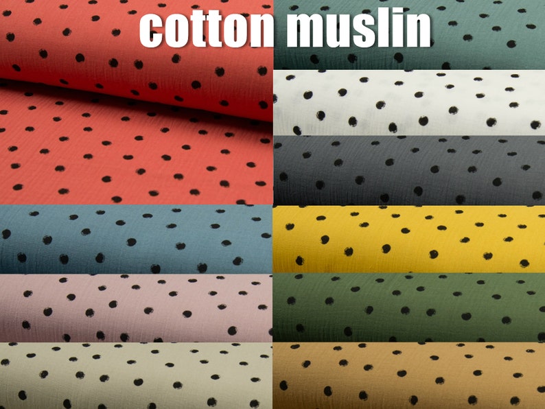 Puede incluir: Una colecci&oacute;n de muestras de tela de muselina de algod&oacute;n con lunares negros en varios colores, incluyendo coral, azul verdoso, rubor, beige, gris, amarillo y verde. La tela es suave y ligera, lo que la hace ideal para proyectos de costura como mantas para beb&eacute;s, ropa y accesorios.