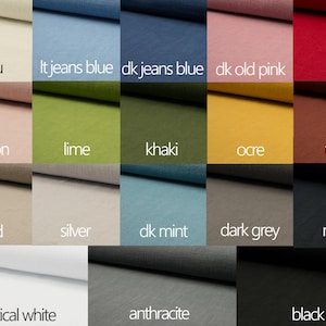 May include: A color chart showing 16 different fabric swatches. The swatches are arranged in four rows of four. The colors include ecru, light jeans blue, dark jeans blue, dark old pink, red, salmon, lime, khaki, ochre, terra, sand, silver, dark mint, dark grey, navy, optical white, anthracite, and black.