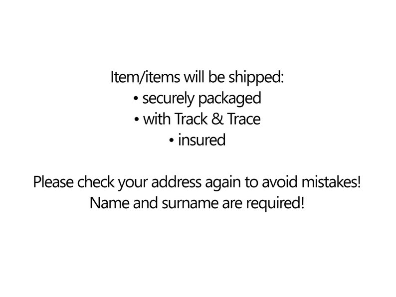 May include: Text on a white background that reads: "Item/items will be shipped: securely packaged with Track & Trace insured. Please check your address again to avoid mistakes! Name and surname are required!"