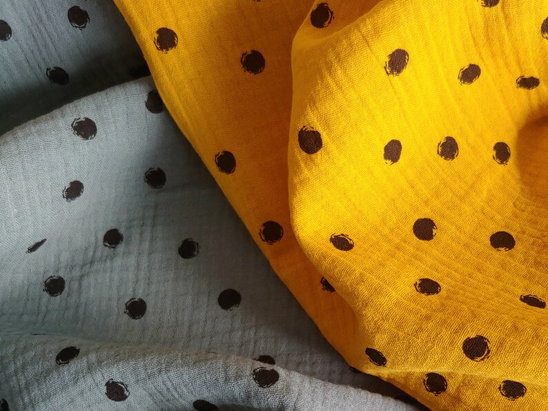 Puede incluir: Dos piezas de tela con lunares negros. Una pieza es de color azul claro y la otra es de color amarillo brillante.