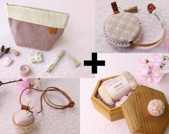 Cohana practical sewing set + pincushion chain + Temari yarn in wooden box + tape measure leather - high quality sewing supplies