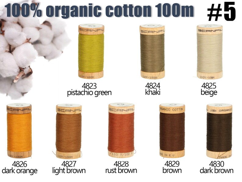 K&ouml;nnte beinhalten: Acht Garnrollen aus 100% Bio-Baumwolle, je 100m lang, beschriftet mit den Nummern 4823 bis 4830 und den Farbnamen Pistaziengr&uuml;n, Khaki, Beige, Dunkelorange, Hellbraun, Rostbraun, Braun und Dunkelbraun, dazu abgebildete Baumwollbl&uuml;ten.