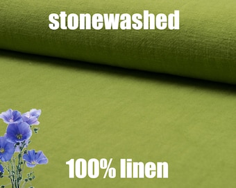 Tejido de lino puro Stonewashed lime - Tejido 100% lino para ropa boho, decoración del hogar, bolsos, cojines, cortinas, manteles