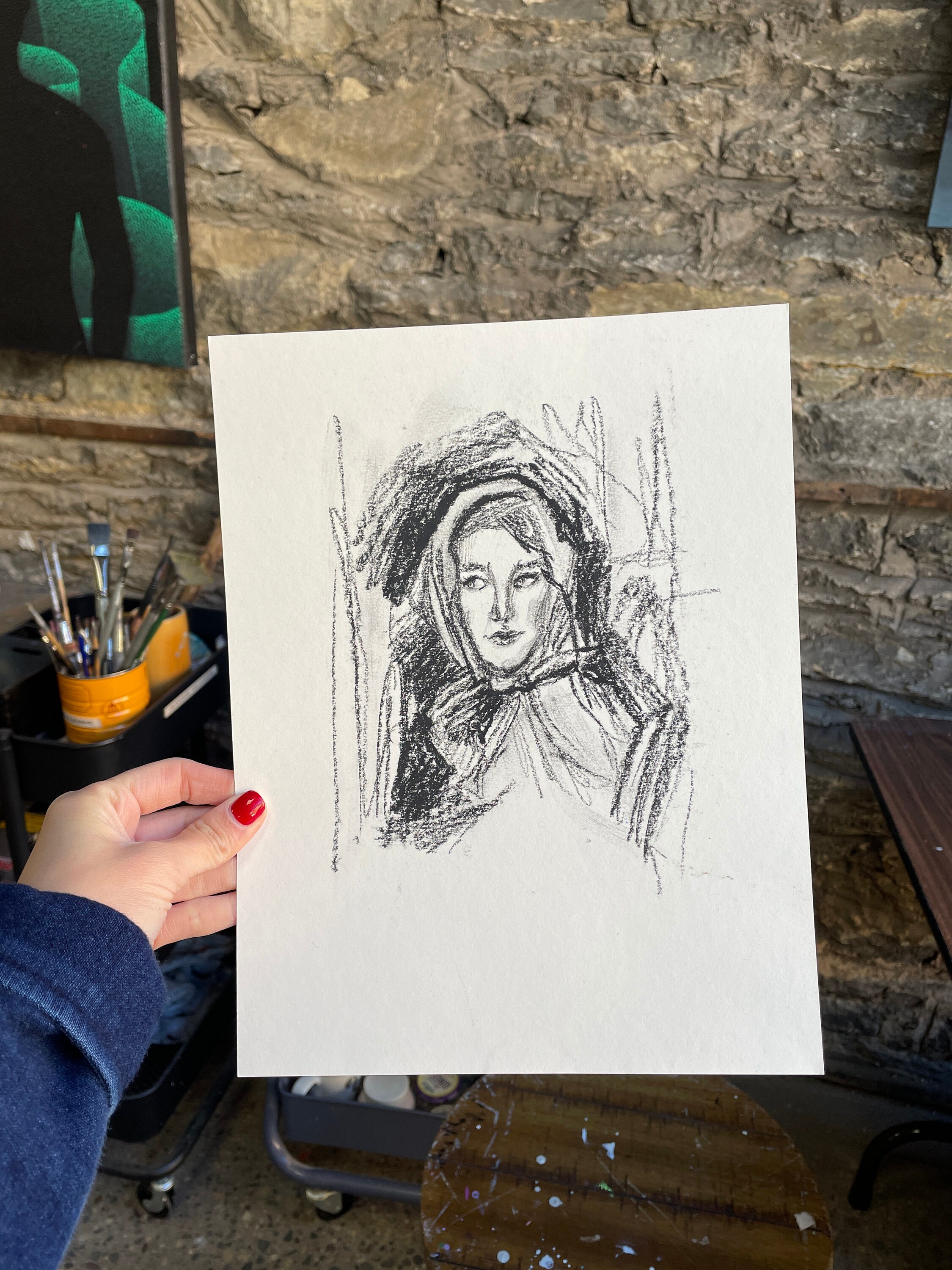 Charcoal Drawing on Paper. Sketch of a Young Women. Black and White Art ...