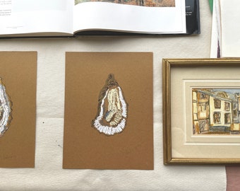 Unframed Original Oyster Drawing in Oil Pastels on Craft Paper. Oyster Painting. Unframed Wall Art.