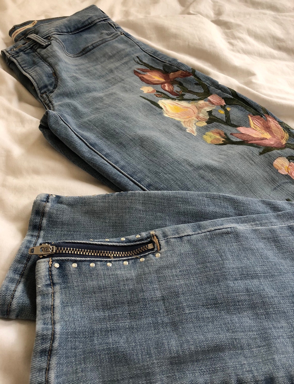 FLORAL HANDPAINTED JEANS Levis 311 Shaping Skinny Ankle | Etsy