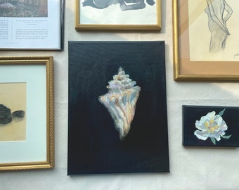 Unframed Black and White Art. Seashell Painting on Stretched Canvas.