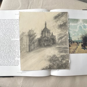 Schizzo architettonico a carboncino su carta artigianale. Arte originale senza cornice.