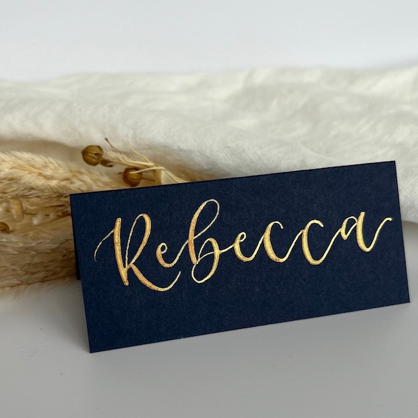 Handwritten Calligraphy Wedding Place Cards: Navy Blue & Gold