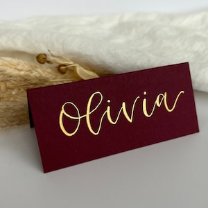 Handwritten Wedding Place Cards: Burgundy & Gold Calligraphy