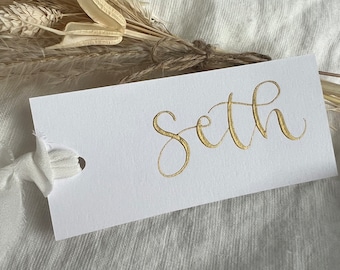 Calligraphy Place Cards / White Flat Name Cards Gold Ink / Ribbon / Wedding Calligraphy Place Names