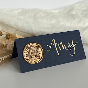Marque-place pour mariage / Cartes de visite calligraphiques bleu marine / Cire en cire dorée / Classique