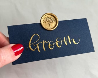 Wedding Place Cards / Navy Handwritten Place Cards / Wedding Calligraphy / Wedding Name Cards / Gold Wax Seal