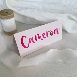 Tarjetas de lugar ruborizadas / Tarjetas de lugar de boda modernas / Configuraciones de lugar con nombre escrito con pincel en tinta rosa
