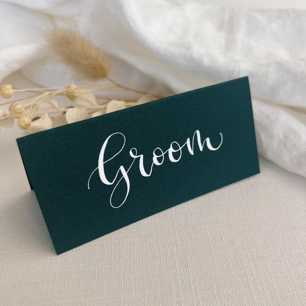Wedding Place Cards / Handwritten Calligraphy Wedding Place Names / Dark Green Place Card