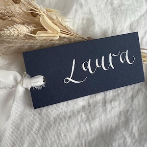 Tarjetas de lugar de caligrafía azul marino / Tarjetas de nombre de boda / Cinta de seda / Tarjetas de lugar de boda clásicas